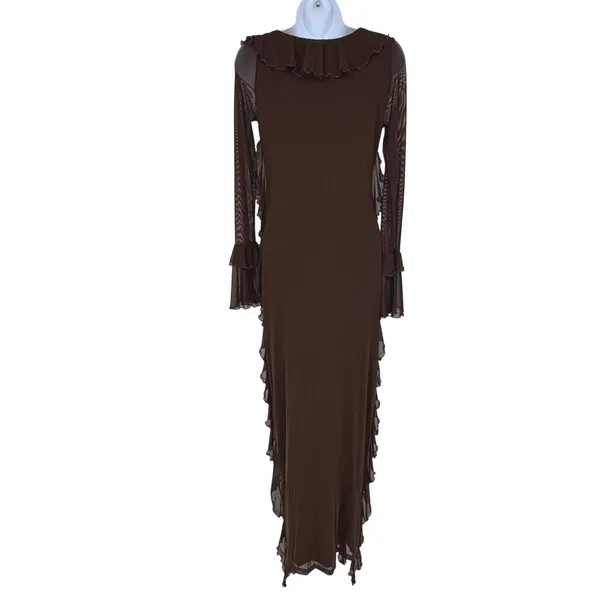 Chocolate Brown Mesh Ruffle Maxi Dress Bell Sleeve Fairy Grunge Y2K - Image 2