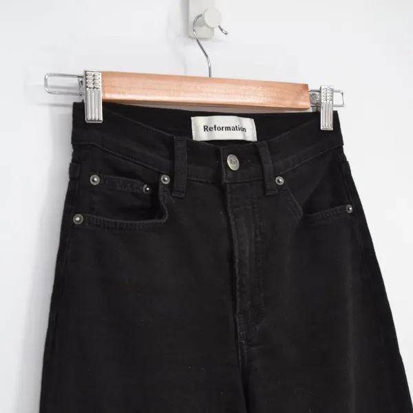 Reformation Stretch Flood Jeans Wash Black Womens 24 Wide Leg Raw Hem High Waist - Image 4