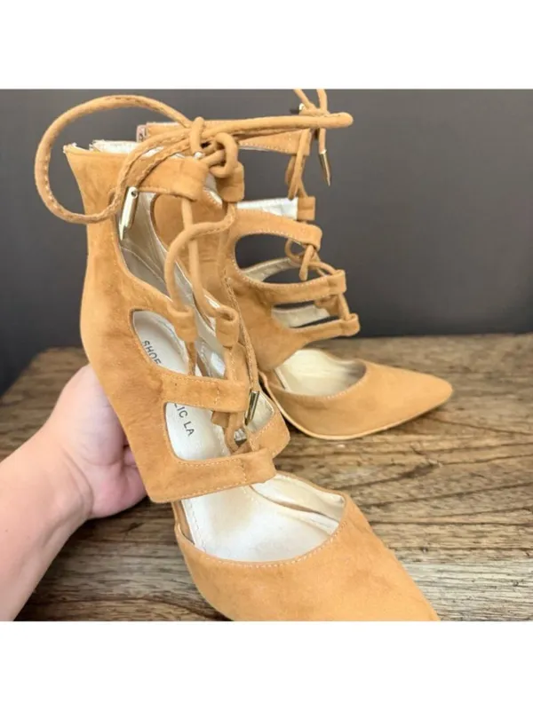 Shoe Republic LA Tan Suede Gladiator Styled Stiletto - Image 4