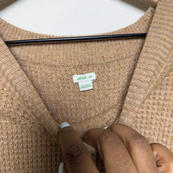 Aerie Women‎ Cozy Up Waffle Sweater Medium Tan Oversized Crewneck - Image 3
