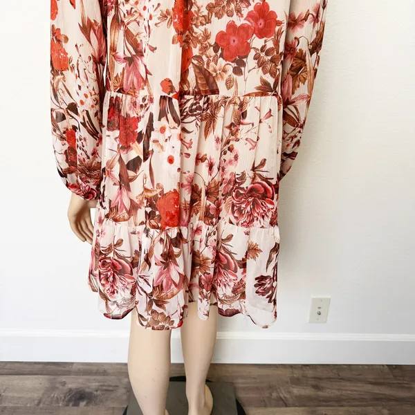 [H&M] Pink Floral Print V-Neck Tiered Chiffon Balloon Sleeve Mini Dress Size 6 - Image 9