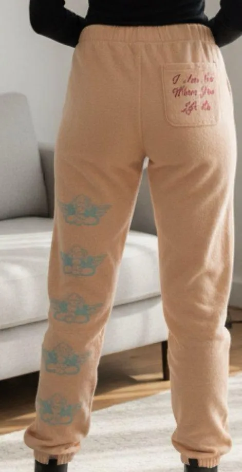 Boys Lie embroidered angel peach cream color pull on jogger sweatpants sz XS - Image 2