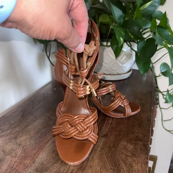 Tory‎ Burch Audrianna Knotted Leather Heeled Sandals Dressy - Tan Size 8M - Image 2