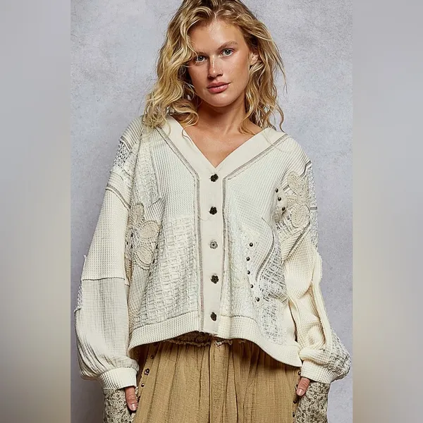 POL Lg Cream Patchwork V-Neck Button Front Cardigan - Image 4