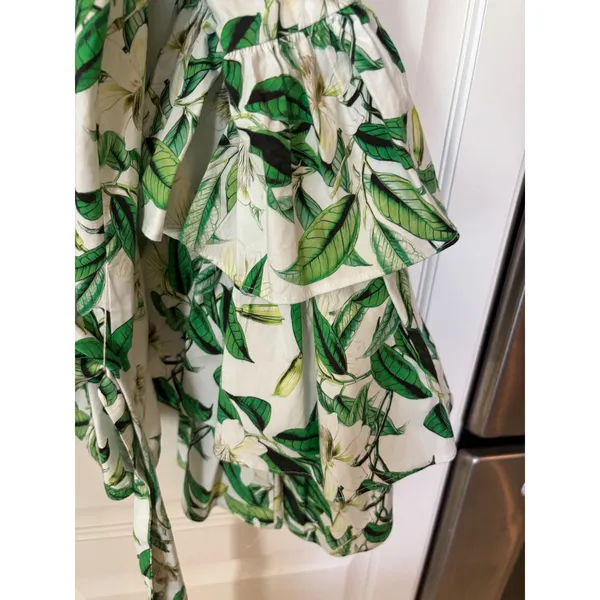 Boston Proper Floral Leaf Print Tiered Ruffle Sleeve Wrap Top Green White S - Image 4
