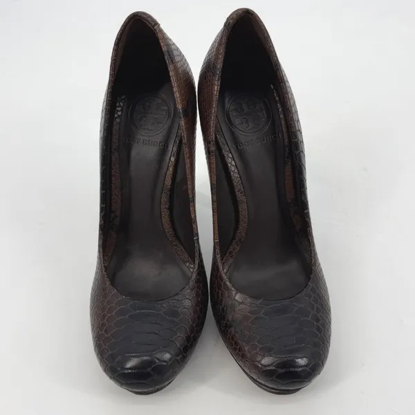 Tory Burch Brown Snakeskin Leather Platform Pumps Gold Logo Heel Size‎ 5.5M - Image 3