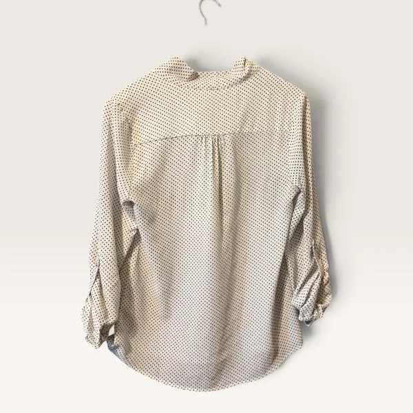 fab'rik Women Small White Polka Dot Tie Neck Blouse Roll Tab Sleeve Preppy - Image 3