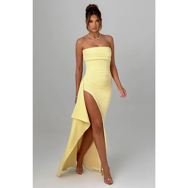 NWT Babyboo Zafira Lemon Yellow Ruched High Slit Draped Maxi Dress Womens Size L - Image 6