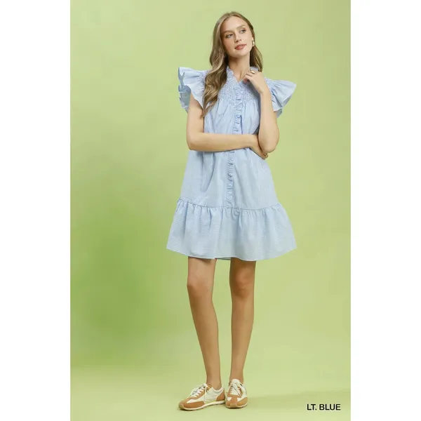 Umgee Stripe Smocked Yoke Ruffle‎ Dress - Lt. Blue - Small - Image 5