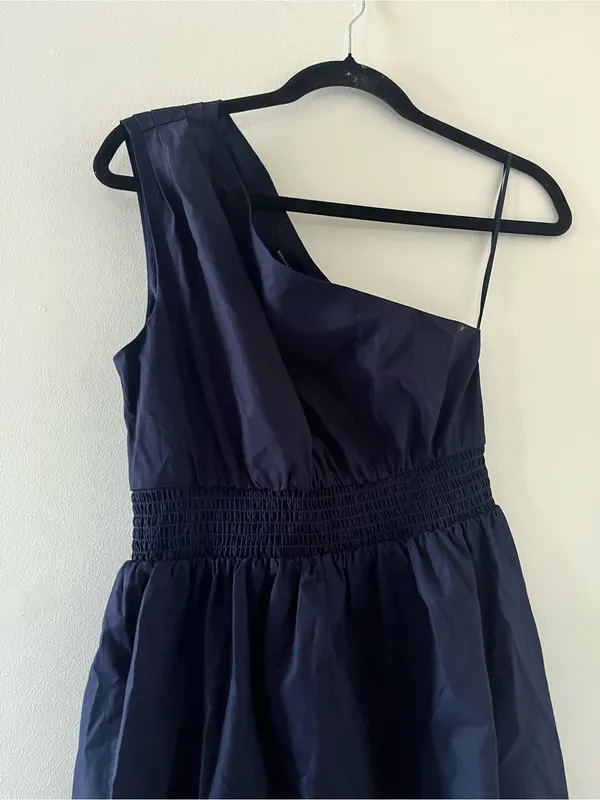 Banana Republic Navy Blue One Shoulder 100% Cotton Poplin Midi Dress Small Beach - Image 3