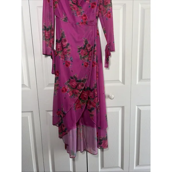 Betsey Johnson Wrap Mesh Maxi Dress‎ Womens 2 Pink Floral Rose High Low Ruffle - Image 2