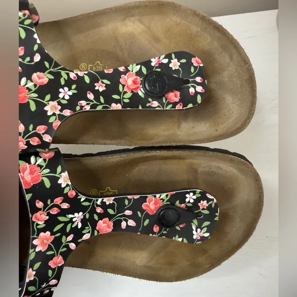 Birkenstock Papillio Black and Pink Floral Sandals with Cork Footbed Sz 6-6.5 - Image 8