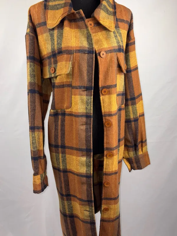 SheIn Plaid Trench Coat in Mustard & Brown - Image 3