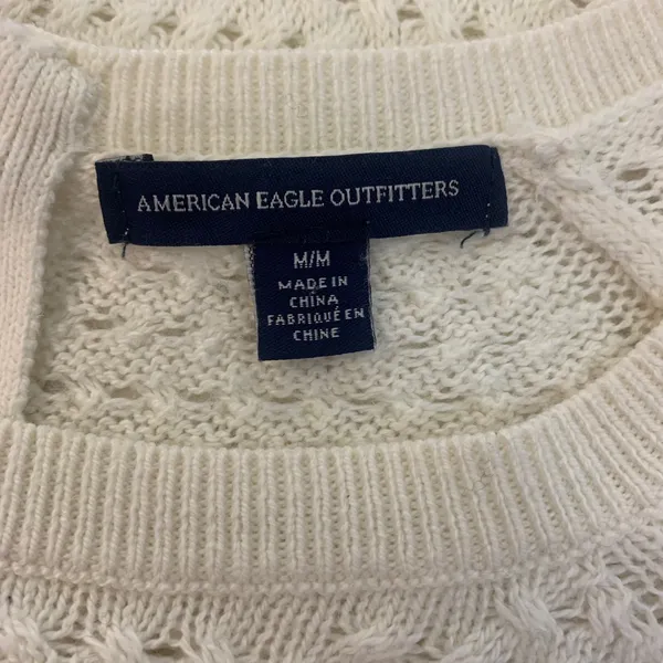 American Eagle Womens M‎ Cream Pointelle Open Knit Scoop Neck Back Zip Sweater - Image 5