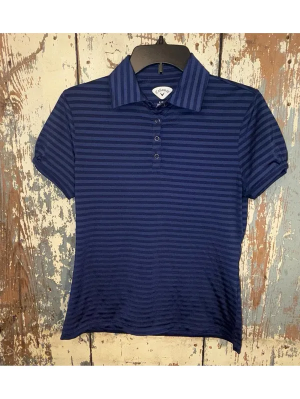 Callaway Polo Shirt Top Snap Button Women’s small Short Sleeve Striped Blue - Image 2
