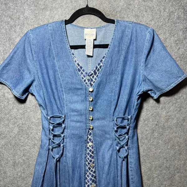 Vintage 90s TR Bentley Denim Maxi Dress Lace Up Corset Side Blue Size 10 - Image 6