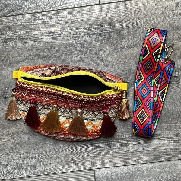 Bohemian Multicolored Tassel Pattern Hobo Sling Bag Brown - Image 7