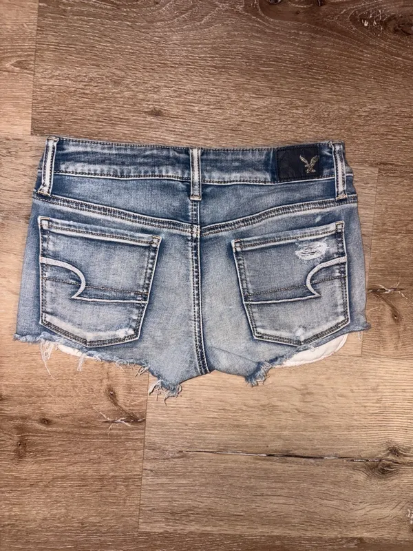 American Eagle Outfitters Blue Distressed Denim Shorts with Lace Panels - Image 2