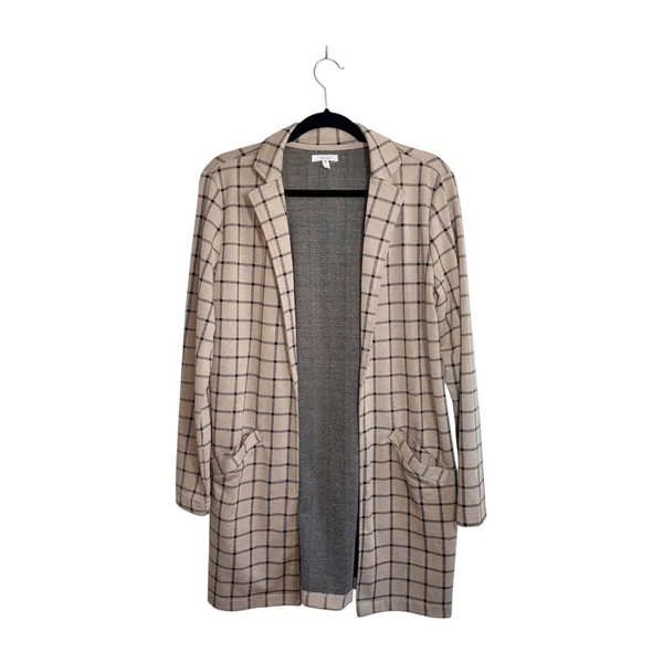 Maurices Plaid Duster Blazer Tan & Black Open Front Collared - Image 2