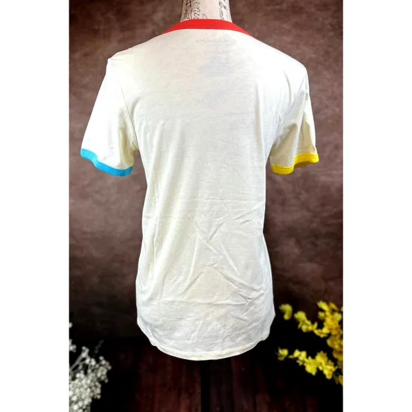 Friends Rainbow T-shirt Beige with Multicolor Neck and Cuffs M - Image 8
