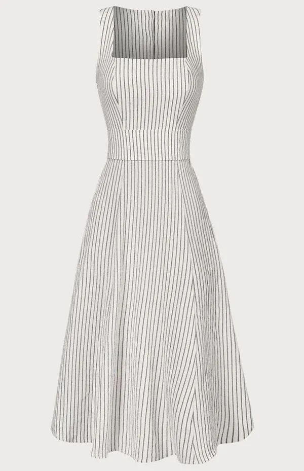 Rihoas White Square Neck Striped Midi Dress Size L - Image 8