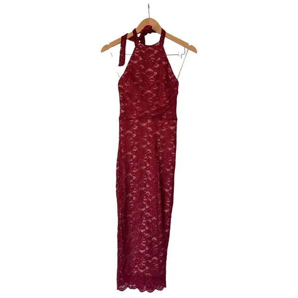 Emerald Sundae Red Glitter Lace Halter Open Back Midi Dress Size S NWT - Image 3