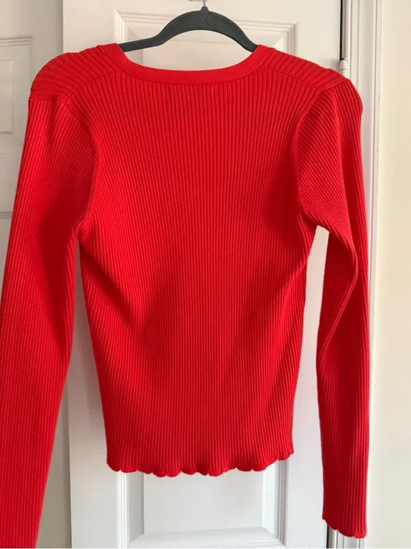 Mango Red Ribbed Fitted Button Front Cardigan Top M - Image 8