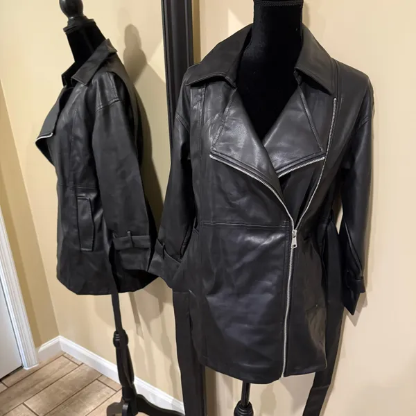 Faux leather jacket pu leather coat trench parka fall coat motorcycle jacket Black Size XS - Image 5