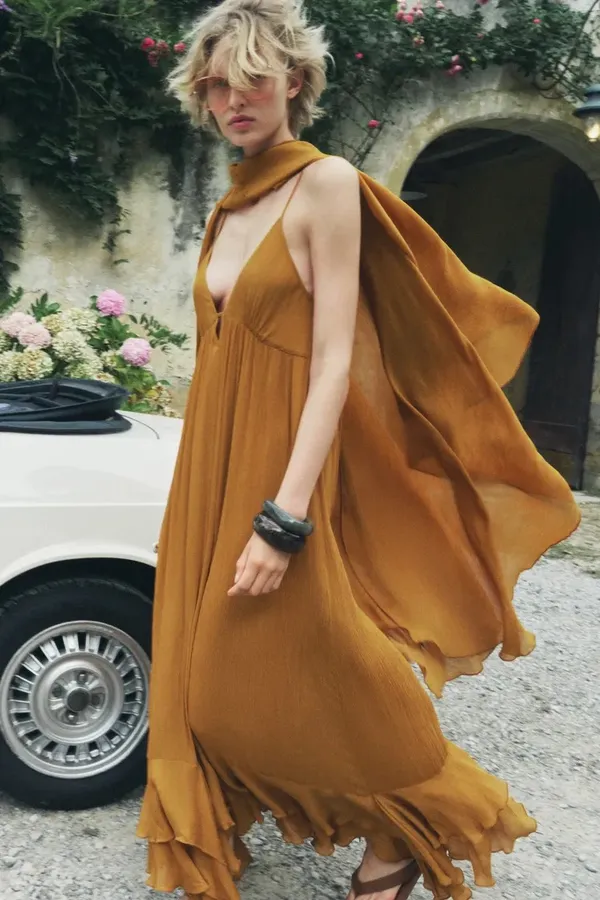 Zara dress maxi cape mustard yellow flowy kimono kaftan boho summer - Image 11