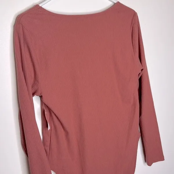 Mauve Ribbed Knit Square Neck Long Sleeve Bodysuit - Image 4