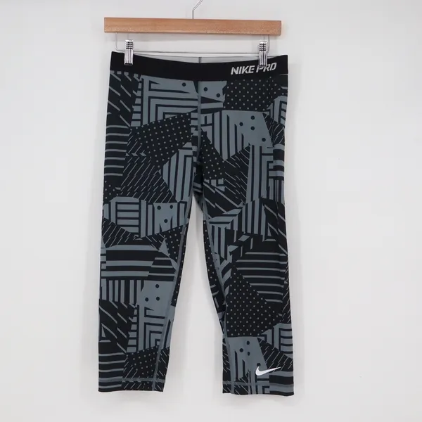 Nike Pro Dri-FIT Grey Black Geometric Patchwork Cropped Leggings Womens Medium - Image 2