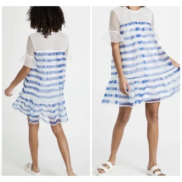 STAUD Florence Dress in Painted‎ Stripe Size XS Blue White Ethereal Flaw - Image 14
