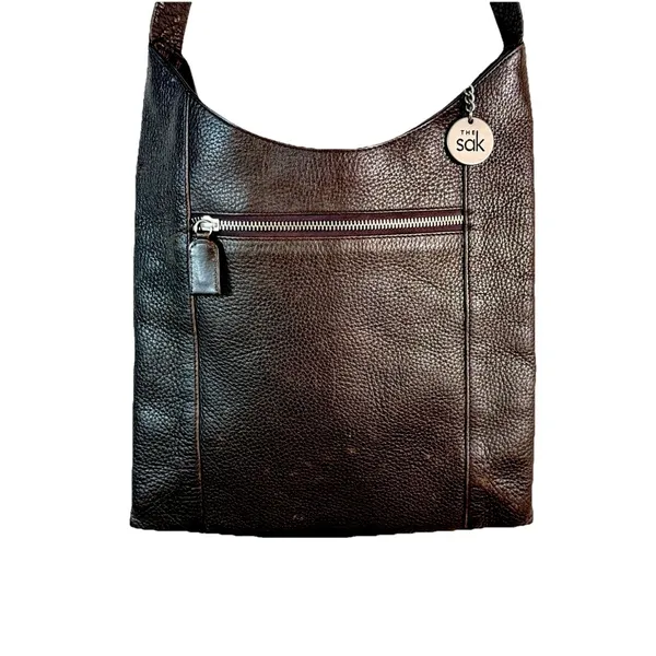 Brown Pebbled Leather Hobo Shoulder Bag The Sak Minimalist Zip Pocket Purse Y2K - Image 10
