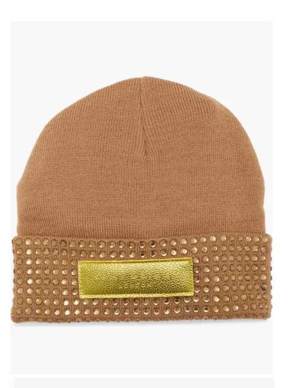 NWT Kurt Geiger London Logo Patch Crystal Cuff Beanie One Size, CAMEL - Image 2
