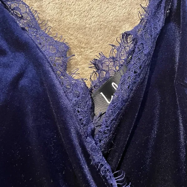 Lulus Dress Womens Small Velvet Velour Navy Blue Lace Babydoll Knee Romantic - Image 6