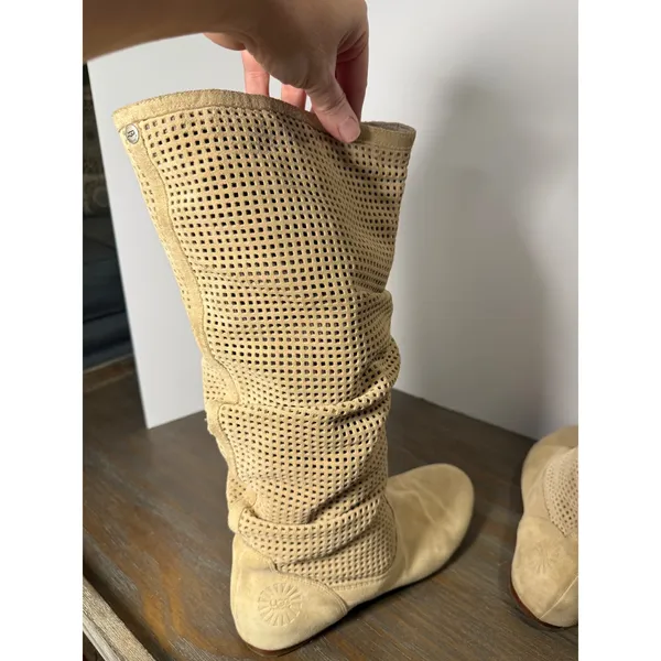 UGG Abilene Suede Perforated Tall Slouch Boots Beige Boho‎ Size 9.5 - Image 6
