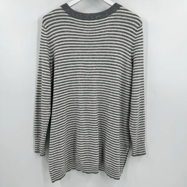 By Anthropologie Sweater Women's Large Serena Striped Button V-Neck‎ Gray Cream - Image 6