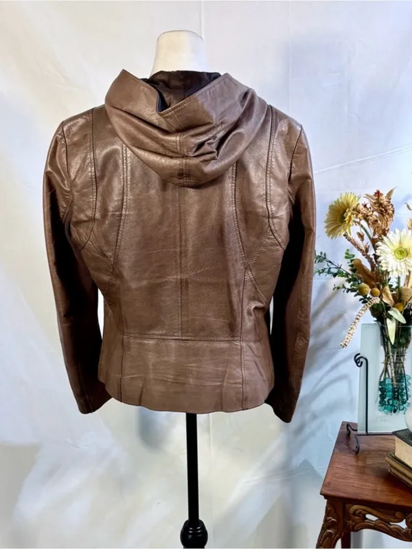 💥Danier Genuine Leather Hooded Moto Zip Up Jacket Brown Quilted Lining Sz L❤️ - Image 6