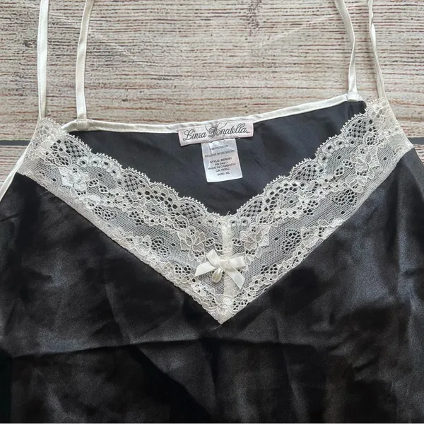 Linea Donatella Satin Lace Babydoll‎ Top Black Camisole Womens XL Pearls Fairy - Image 2