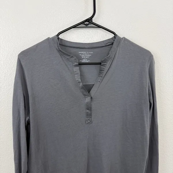 Majestic Filatures Top Womens Size 3 Grey Cotton Cashmere Silk Back Split Neck - Image 3