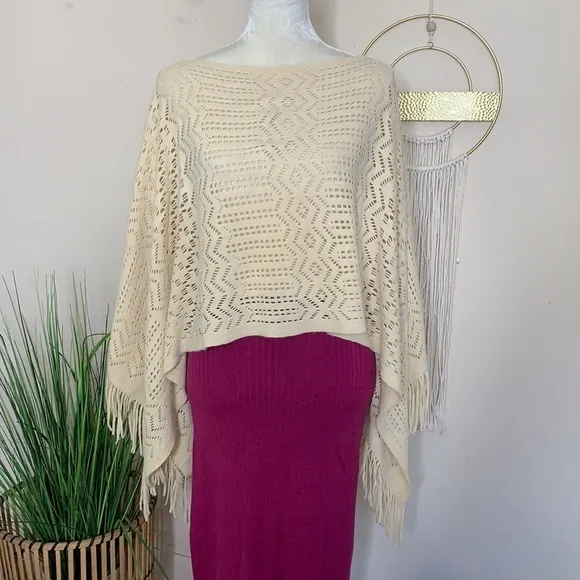 Boho western fringe poncho knit sweater /coverup - Image 2