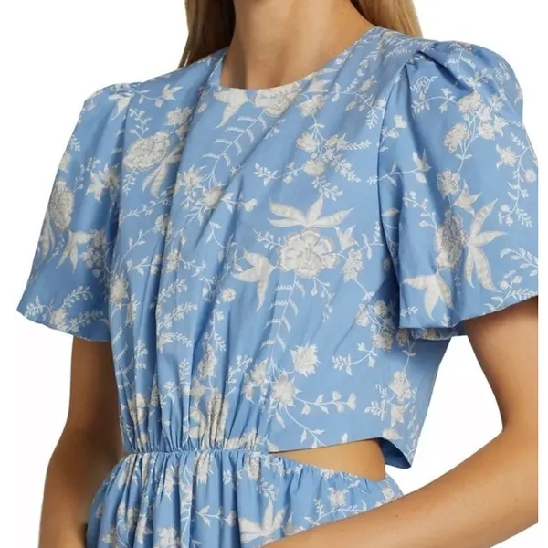 Wayf Plaza Floral Cut-Out Tiered Maxi Dress Size Small Blue and White - Image 4
