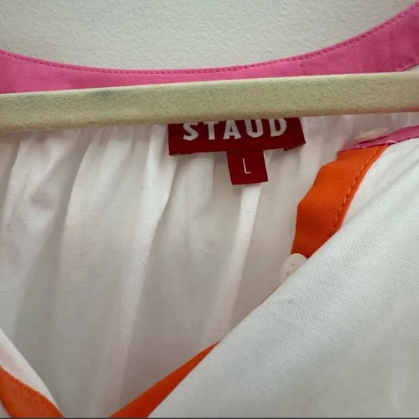 NWT STAUD White Mini Dress Pink Orange Trim Long Puff Sleeves Size Large - Image 4