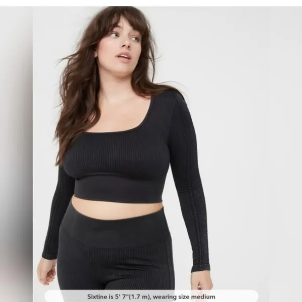 Offline By Aerie Seamless Cable Square Neck Ribbed Shirt Black Fall Sport NEW XL - Image 3