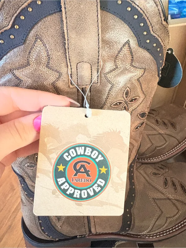 Laredo Tan and Brown Western Cowboy Boots with Embroidered Stitching - Image 9