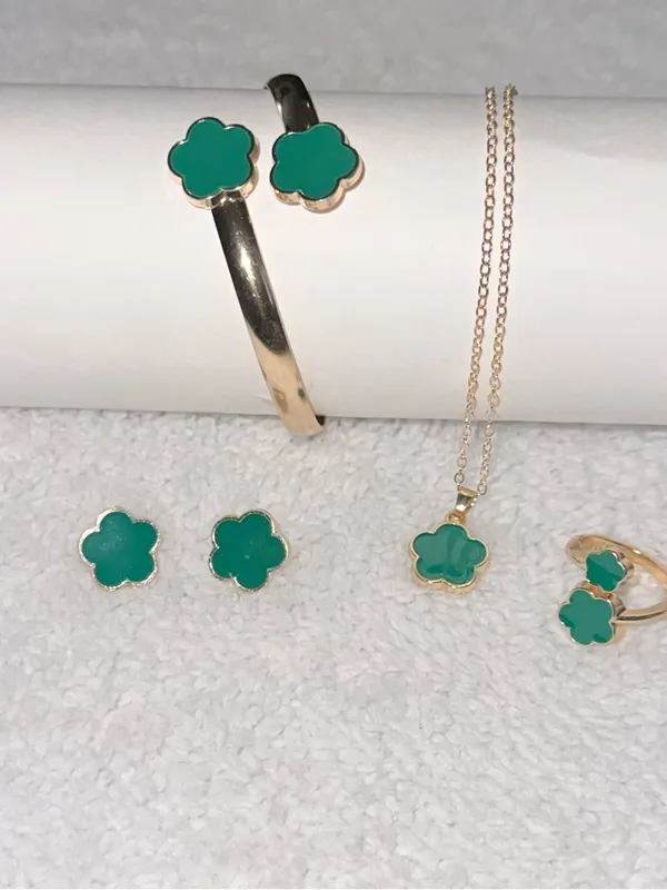 4pc green Clover Jewelry Set - Green Enamel Necklace, Bracelet, Ring & Earrings - Image 3