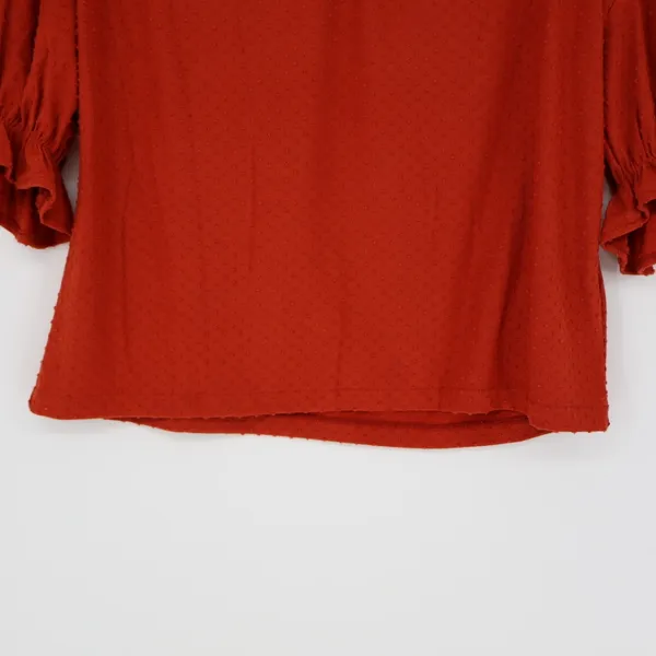 Madewell Women's Ruffle Mock Neck Short Sleeve Clip Dot Top Russet Orange Small - Image 3