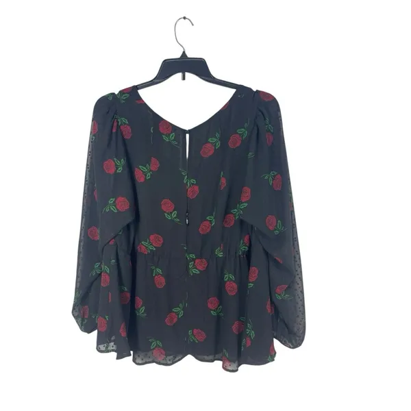 Torrid Size 3 Black Rose Print Peplum Blouse Sheer Sleeves Romantic Gothic 3X - Image 4