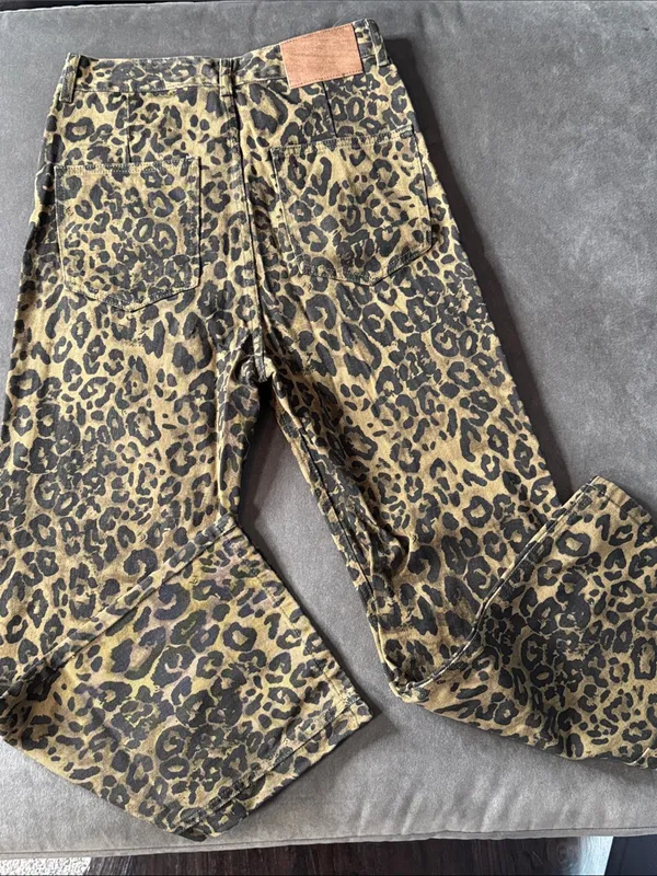 Women’s Leopard Print Wide Leg Denim Jeans Brown Black Y2K Size S NWOT - Image 9