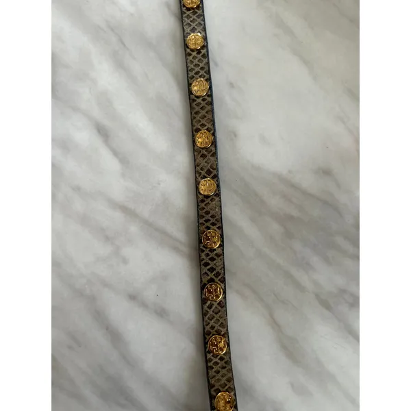 Tory Burch Grey Leather Snakeskin Embossed Gold Logo Rivet Wrap Bracelet - Image 6